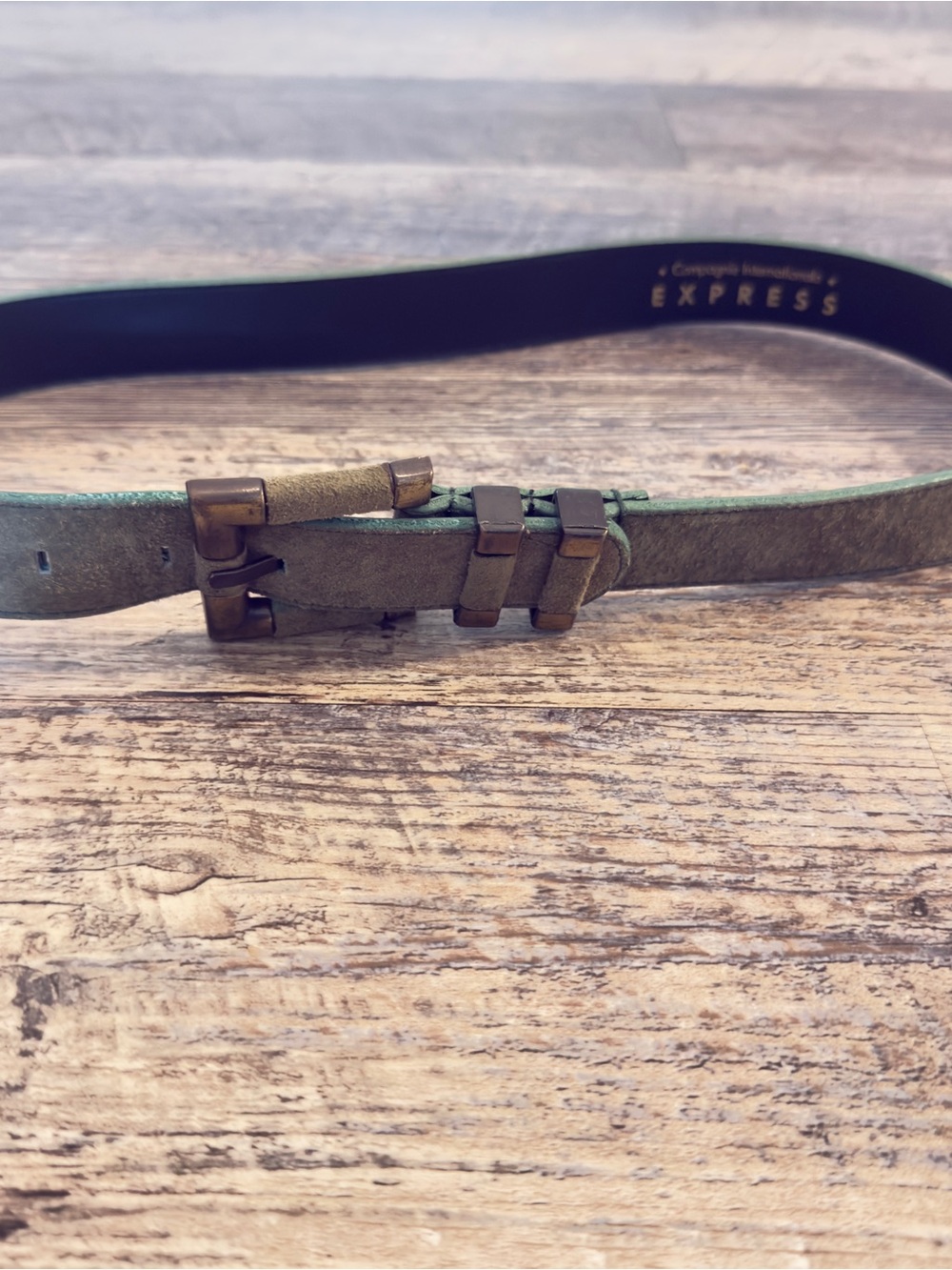 Vintage Express Compagnie Internationale Green Leather Belt M Brass Buckle